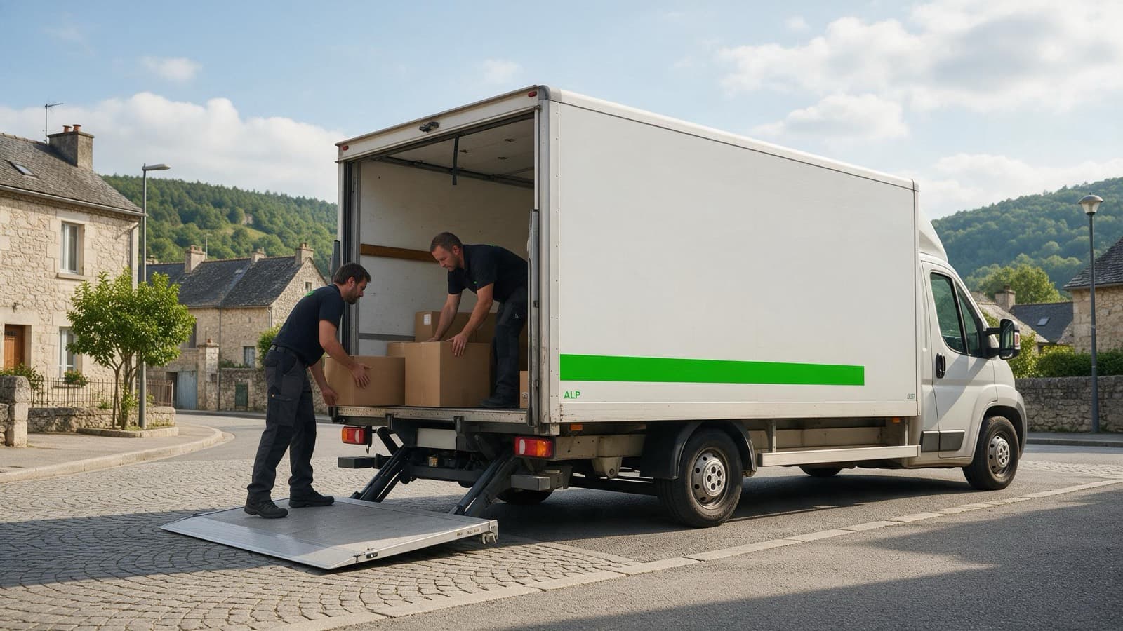 Camion ALP à hayon ouvert, déménagement en cours dans un village cévenol